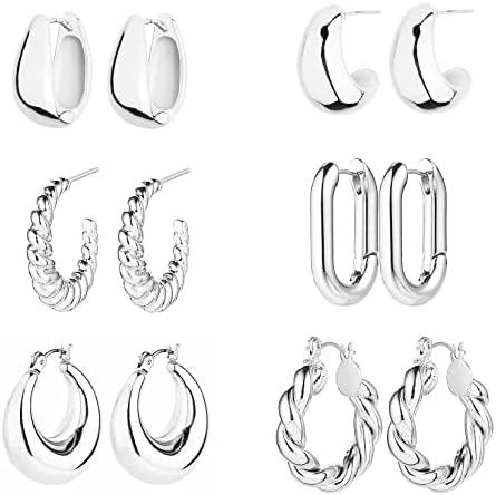 6 Pairs 14K Gold Hoop Earrings for Women Lightweight Chunky Hoop Earrings Multipack Hypoallergenic, Thick Open Twisted Huggie Hoops Earring Set Jewelry for Gifts.
