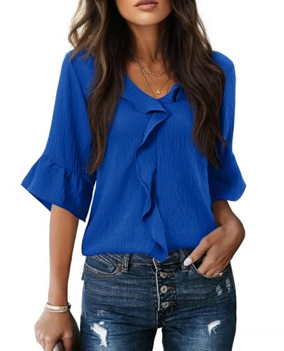 siliteelon Royal Blue Tops for Women Dressy Casual 3/4 Sleeve Ruffle Bell Blouse Ladies Vacation Sping Summer Outfits 2026 Royal Blue L