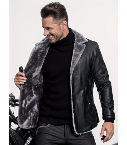 Image of INVACHI Leather Jacket Men Faux Leather Fur Collar Mid-Length Jacket Padded Lining Winter Warm Lapel Trench Coat