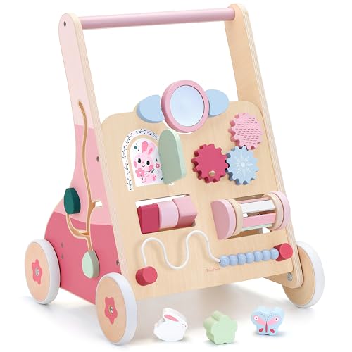 Image of PairPear Wooden Baby Walker Push and Pull Learning Activity Walker, 8-in-1 Montessori Busy Board Push Walker Wooden Activity Center Toys for Boys and Girls 12m+ （Pink Rabbit）