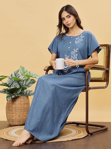 Image of 9shines Label Stylish Denim Cotton Nighty Maxi for Women | Full Length Trendy Nightgown | Premium Nightdress | Nightwear | Embroidery Nighty with Pocket (9SDS)