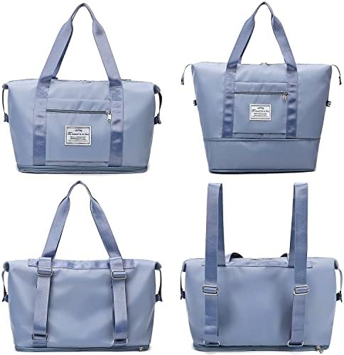 Lightweight Expandable Double Shoulder Strap&Capacity Travel Duffel Bag, Sports Tote Gym Bag, Shoulder Weekender Overnight Bag with Wet Pocket for Women (Blue)