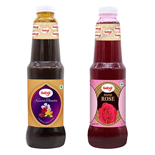 Image of SHREE Guruji Kesaria Thandai & Rose Sharbat Combo Pack Milk Beverage Refreshing Drink For Summer Dry Fruit Syrup Instant Refreshing Drink (1 Litre), Liquid