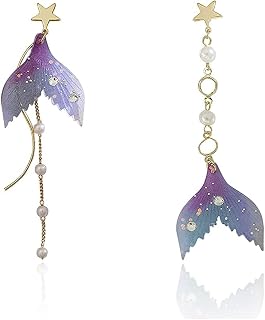 El Regalo Long Mermaid Fishtail Earrings -Sequin Resin Fish Tail Dangly tassels Hypoallergenic Beach Earrings with Pearl L... Price In India