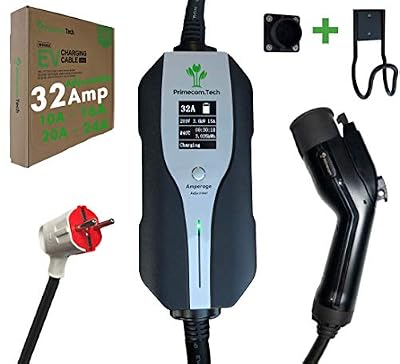 PRIMECOMTECH Primecom.Tech Level 2 Electric Vehicle (EV) Charger Amperage Adjustable (10Amp - 16Amp - 20Amp - 24Amp - 32Amp) 30Ft Cable EVSE Plug-in Hybrid (30 FT, European)