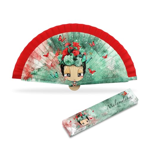 Malamaka | Abanico De Madera Plegable De Mano | De 23 cm | Ideal Para Regalo De Bodas, Comuniones | Abanicos Originales Y Elegantes | De Madera Y Tela | Diseños Divertidos Y Originales | FLORES Rojo