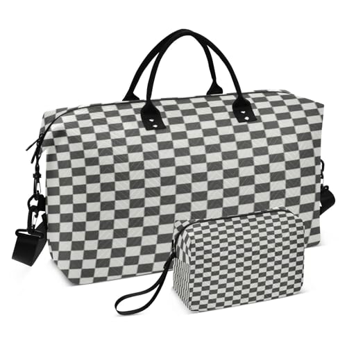 ​​Large Foldable Travel Duffel Bag, Waterproof Gym Bag for Men & Women, Carry-On Luggage Weekender Overnight Bag, Checkered Black White