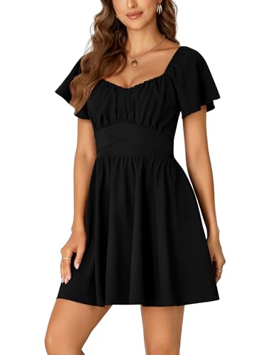 Rooscier Women's Tie Back Square Neck Wrap Ruffle Short Sleeve Flare Mini Dress3