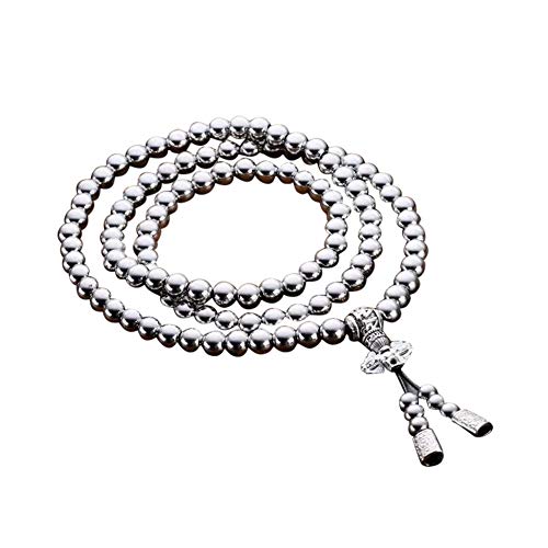 PEPAXON Collar para hombre de plata con 108 perlas de Buda, pulsera de autodefensa de acero inoxidable, Acero inoxidable, No es una piedra preciosa