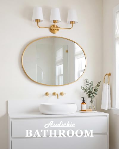 Image of Brushed Gold Bathroom Light Fixtures with White Fabric Shades | 3-light vanity light for bathroom, modern sconces wall lighting for hallway bedroom, ideal for 30-48 inch mirrors, AD-25052-3W-GD