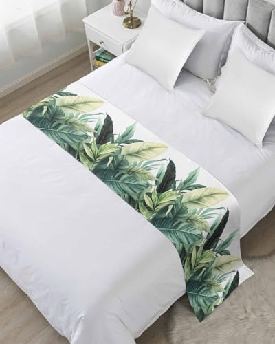 DecorLovee Green Tropical Leaves Bed Runners for Twin Size Bed, Decorative Bed Throws for Foot of Bed, Country Summer Botanical Palm Leaf Bed Runner Sofa Throw Bedding Scarf Protector for Bedroom