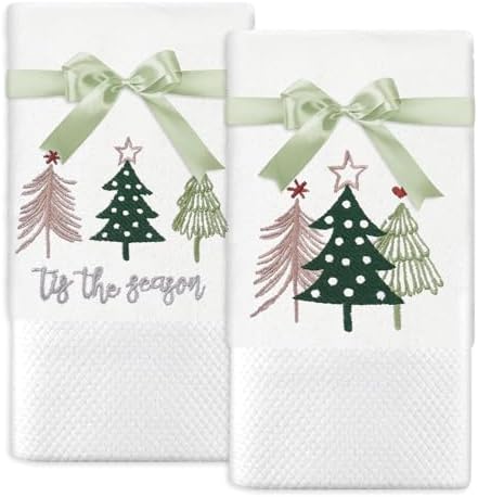 2Pcs Christmas Boho Hand Towels Xmas Pine Tree Embroidered Cotton...