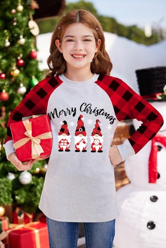 Image of BesserBay Girl's Christmas Buffalo Plaid Raglan Top Funny Holiday Graphic Shirt 4-14 Years