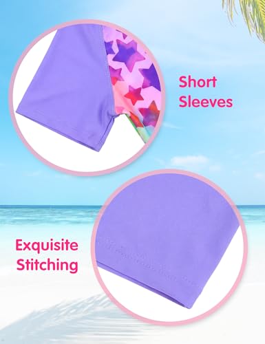 Image of Girls Swimsuit Colorful Short Sleeve Bathing Suits UPF 50+ Rash Guard Set Two Piece Summer Swimwear