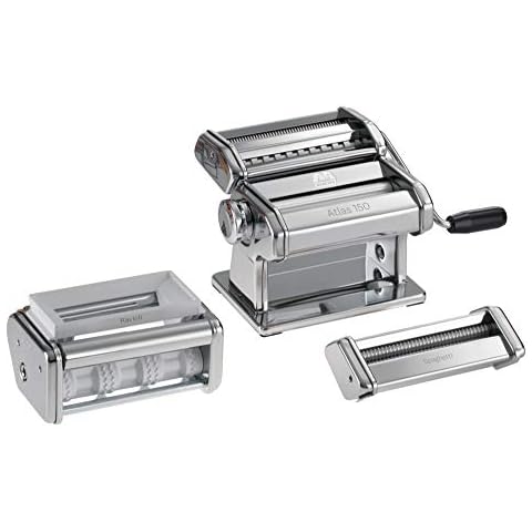 MARCATO Made in Italy PASTASET Pasta Machine Gift Set, Chrome Steel. Includes Atlas 150 Pasta Machine, Ravioli & Spaghetti Attachments. Cover