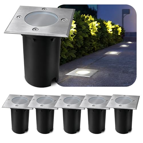 SSC-LUXon 6x Bodeneinbaustrahler KALPA silber eckig IP67 regenfest trittfest oxidationsbeständig – Bodenspot Außenstrahler für Einfahrten, Veranden & Gärten