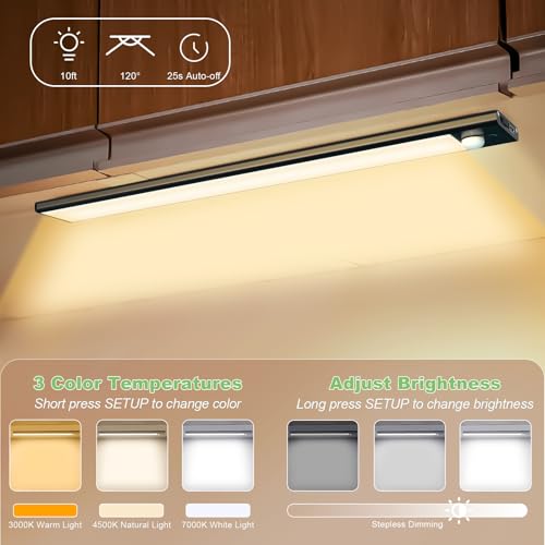 Image of 3 Color Tempers Dimmable Under Cabinet Lights Wireless[2 Pack], Rechargeable LED Motion Sensor Lighting Indoor, Magnetic Closet Lights (Black-2 Pack-2500mAh)