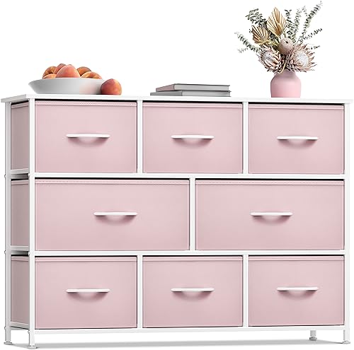 Image of Sorbus Kids Dresser with 8 Drawers - Chest Organizer Unit with Steel Frame Wood Top & Handle, Fabric Bins for Clothes - Wide Furniture for Bedroom Hallway Kids Room Nursery & Closet
