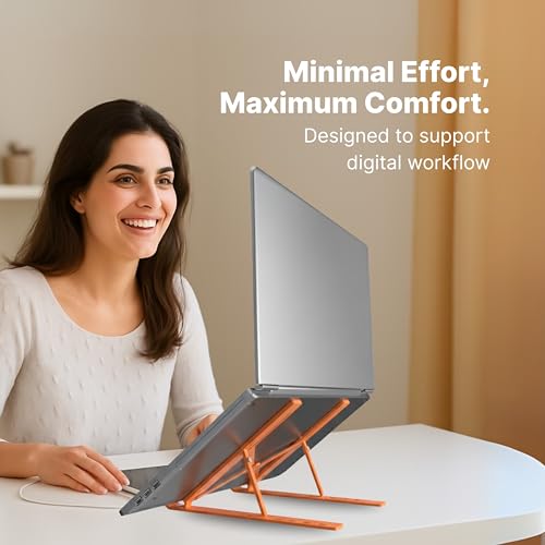 Image of Geonix Trek T3 Aluminium Ergonomic Laptop Stand | 7 Angles Adjustable Tabletop | Anti Slip Rubber Pads | Foldable | Compatible with Laptops Upto 17 inch (Cosmic Orange)