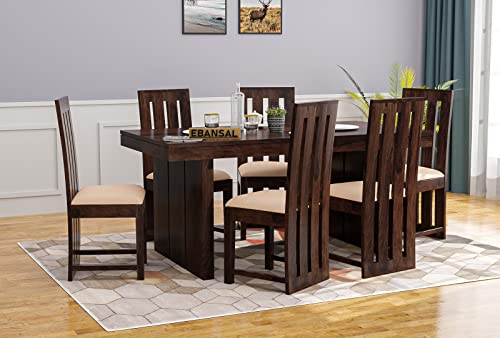 Image of Wooden Dining Table 6 Seater | Six Seater Dinning Table with 6 Chairs with Cushion for Home & Restaurant | Dining Room Sets | Sheesham Wood, Walnut