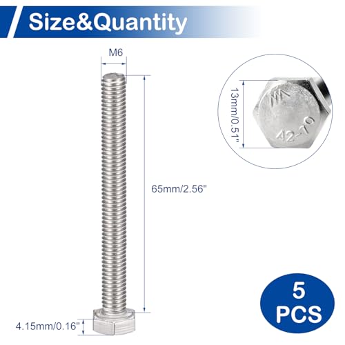 Image of MroMax 5Pcs M6-1 Hex Bolts, M6 x 65mm Hex Head Screws Bolts | 304 Stainless Steel 18-8, Fully Threaded, External Hex Drive, for Motor Base and Mechanical Connection