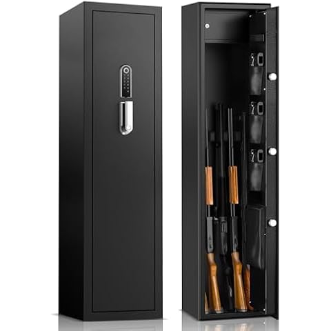 AEGIS Biometric Rifle Safe, Quick Access 5 Gun Fingerprint Metal Long Gun Safe for Home Rifles, Shotguns and Pistols, Heavy Duty Rifle Gun Security Cabinet with Separate Pistol Handgun Lock Box Cover