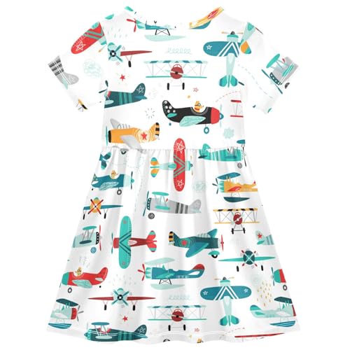Aflyko Girls Short Sleeve Dress Cartoon Jet Plane Airplane Toddler Everyday Dresses2