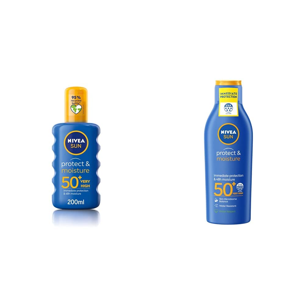NIVEA SUN Protect & Moisture Sun Spray SPF50 (200ml), Moisturising Suncream Spray with SPF50, Reduces Risk of Sun Allergies & SUN Protect & Moisture Lotion SPF50+ (200ml), SPF50+