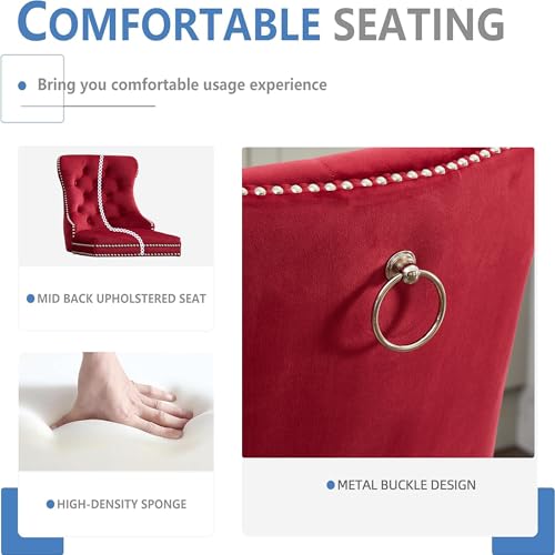 Image of YITAI Modern Swivel Set of 4 Velvet Barstools with Large Backrest and Sturdy Metal Footrest,Button Tufted Rivet Trim Dining Room Chairs with Metal Pull Ring for Kitchen Island,Home Bar,Bistro, Red