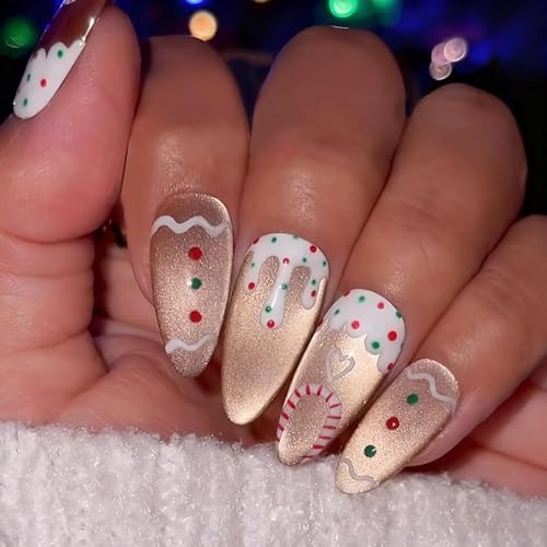 Christmas Press on Nails Medium Almond Nails Press on with Gold Gingerbread Man Design Red Green Polka Dot Glue on Nails Glossy Eye Cat Fake Nails Reusable Winter Xmas Nails for Women Manicure 24Pcs