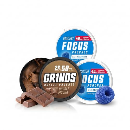 GRINDS Energy Pouches Variety Pack: Focus Blue Raspberry & Coffee