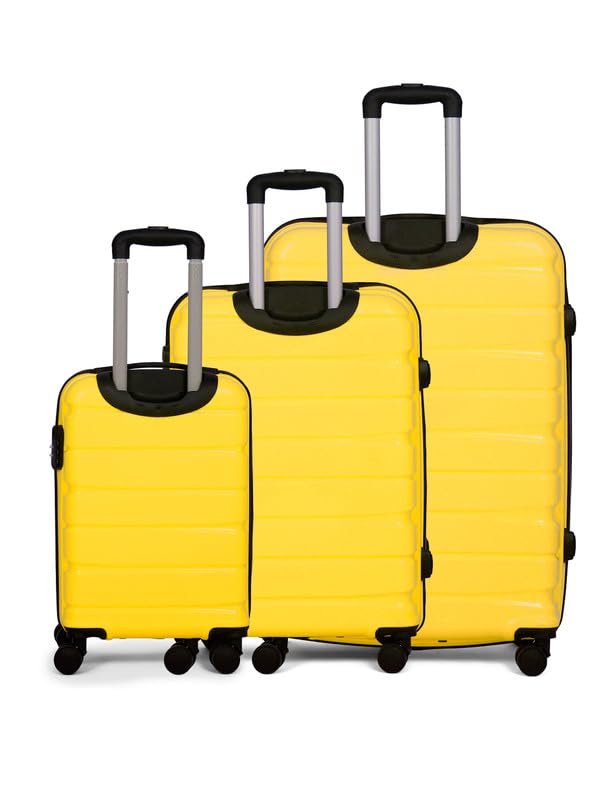 Image of Teakwood 8 Wheel Set of 3 Trolley Bag, Hard Cabin with Zipper Closure, Adjustable Push Button & Cross Side Strap, TSA Lock System 360 Degree (Small-Medium-Large, Yellow)