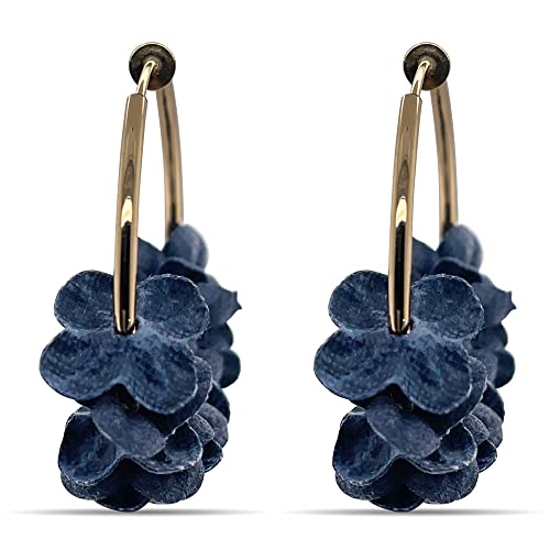 Aloha Earrings-Clip On Tassel Earrings-Dangle Clip On Earrings Silk Tassel Long Clip Earrings Bohemian (Blue Fabric Flower Hoops)