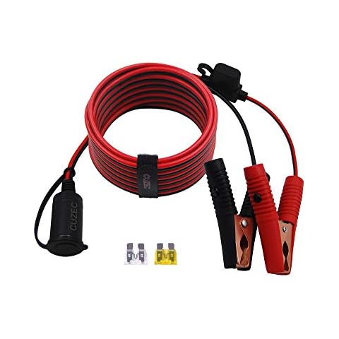 CUZEC 12V/ 24V Extension Cord Plug Socket with Battery Clamp 14FT / 4.27m 14 AWG Battery Clip-On and Cigarette Lighter Adapter Cover