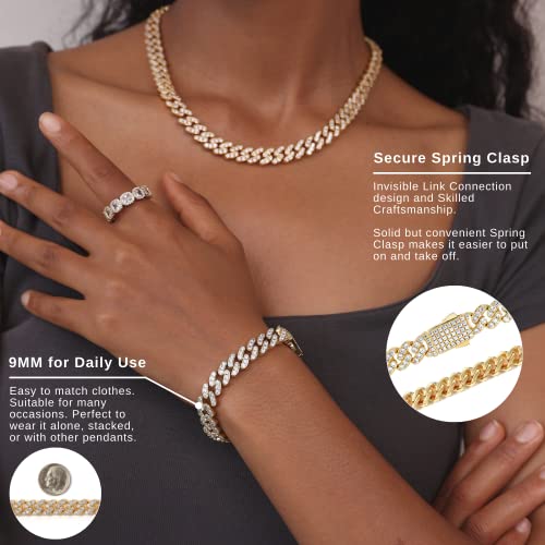 Image of Iced Classic Spring Clasps 9mm Cuban Link Chain Necklace /Bracelet, Everlasting Shine 14k Gold /Silver Plated Diamond Choker, Prong-Setting 5A Cubic Zirconia Hip Hop Jewelry For Men Women with Gift Box