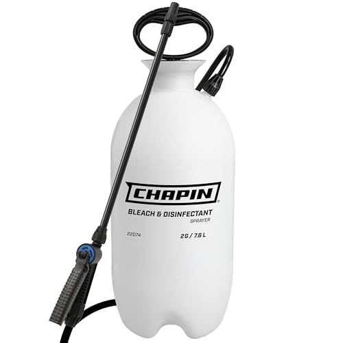 Chapin 22074 Bleach Pump Sprayer, 2‑Gallon, Lawn & Garden, Bleach‑Resistant Poly Tank, Funnel‑Top, Anti‑Clog Filter, Adjustable Cone Nozzle, 40' Hose for Cleaning, Mold & Disinfecting Applications