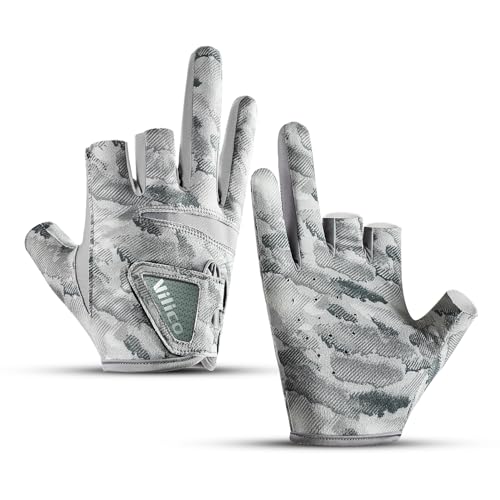 SUJAYU Fishing Gloves Men & Women, Anti-Slip & Breathable Laxuery Palm Kayak Gloves, 3-Cut Fingers UV Gloves Ice Fishing Gloves Fly Fishing Accessories (Grey, Large/X-Large)