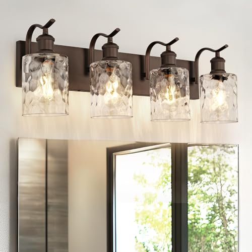 Image of Bathroom Vanity Light Fixtures 4-Light Hammered Glass Modern Wall Mounted Over Mirror Oil Rubbed Bronze - VL01ORBH-4