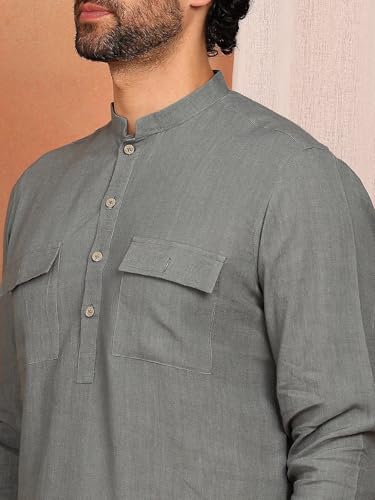 Image of See Designs Men's Full Sleeve Mandarin Collar Linen Solid Pathani Set