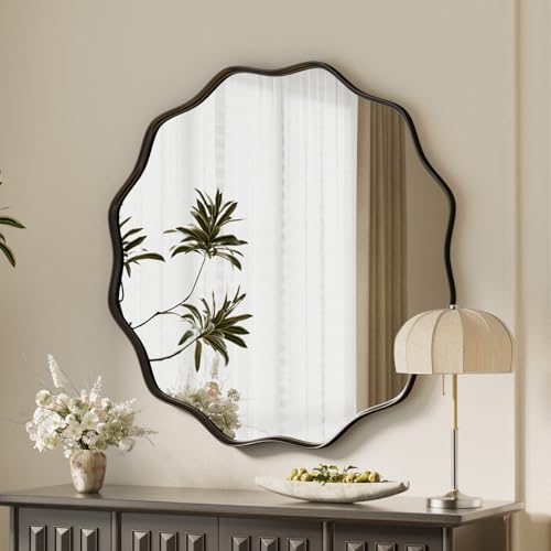 Image of VooBang Black Scalloped Circle Mirror, 24 inch Wavy Edge Round Wall Mirror