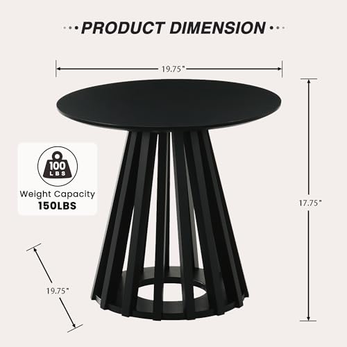 Image of HNY Modern Round Fluted End Table, Black Wood Pedestal Side Table, Drum Accent Bedside Drink Tables for Living Room Small Space Couch