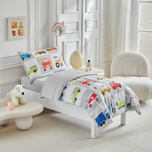 Image of White Gray Toddler Bedding Set for Boys Girls Colorful Cars Vehicle Auto Fire Engine Bulldozer 4PC Toddler Bed Set - Soft Cute Toddler Plaid Patchwork Bed in a Bag with Sheet Set and Pillow Shams