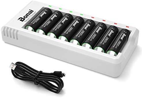 BONAI 8-Pack AA Rechargeable Batteries With Charger Set, Including 2800mAh High-Capacity Rechargeable Battery AA And 8-Slot Individual Battery Charger For AA AAA (USB Charging Cable Included)