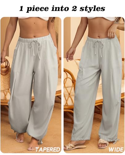 Image of Women's Linen Balloon Barrel Beach Pants Boho Harem Flowy Drawstring Casual Loose Pants with Pockets