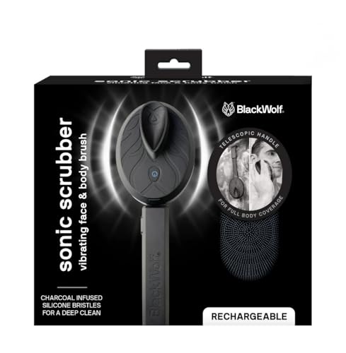 Black Wolf Silicone Body Scrubber & Exfoliator - Vibrating Loofah Shower Scrubber Brush with Handle Extension for Back - Deep Cleaning & Exfoliating Body Scrub - Bath Hygiene Essentials - Men & Women