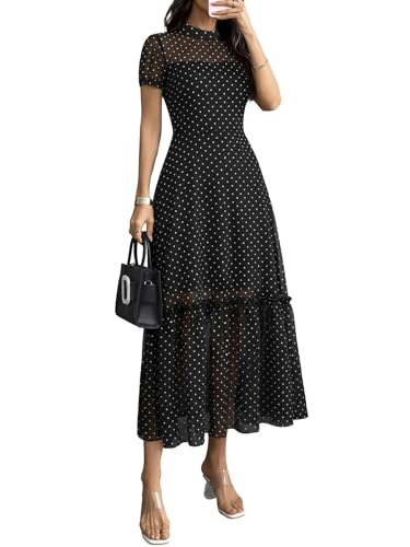 Image of GothDark Women's Summer Floral Mesh Ruffle Dress Short Sleeve Round Neck Waist Cinched Casual Maxi Wedding Guest Dresses