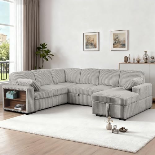 Image of ERYE 117-Inch Oversized U-Shaped Pull Out Sleeper Couch Bed, Modern U Shaped Sleeper Sectional Sofa Corner Convertible Sofa Bed with Storage Chaise and Cabinet for Living Room