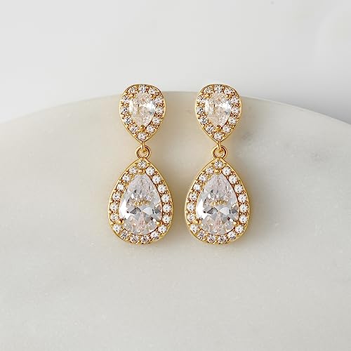 SWEETV Cubic Zirconia Teardrop Bridal Earrings, Rhinestone Dangle Earrings for Wedding Prom Anniversary4
