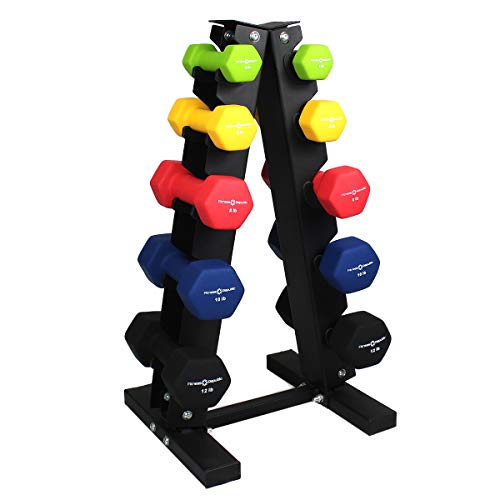 Fitness Republic Solid Steel Dumbbell Rack Holder, A-Frame Dumbbell Storage Racks, Dumbbells Tower For Home Gym Exercise, Neoprene Dumbbells Pairs (3Lb, 5Lb, 8Lb, 10Lb, 12Lb) With 5 Tier Rack Combo #TOP1
