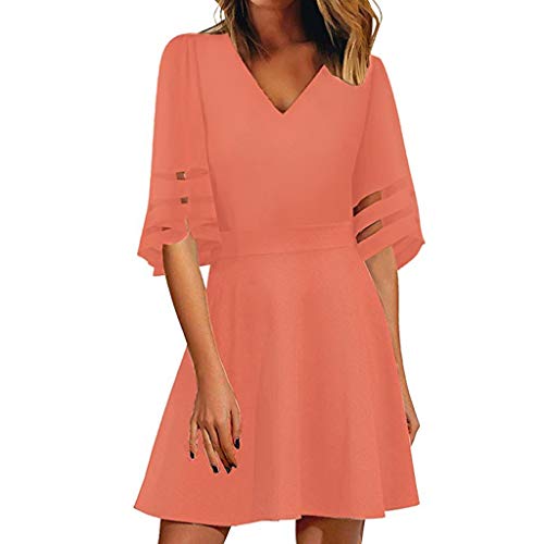 Bellelove Summer Tendy Dress Fashion Women's V Neck Mesh Panel Blouse 3/4 Bell Sleeve Loose Top Shirt Dress Orange